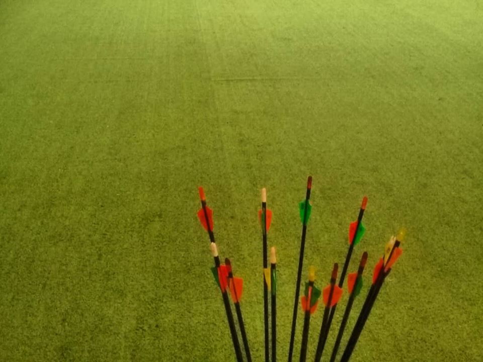 Colorful arrows resting on green artificial turf at the range